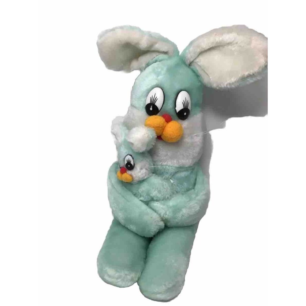Vintage Mint Blue Bunny with Baby Plastic Eyes Made in Korea Kitschy Easter